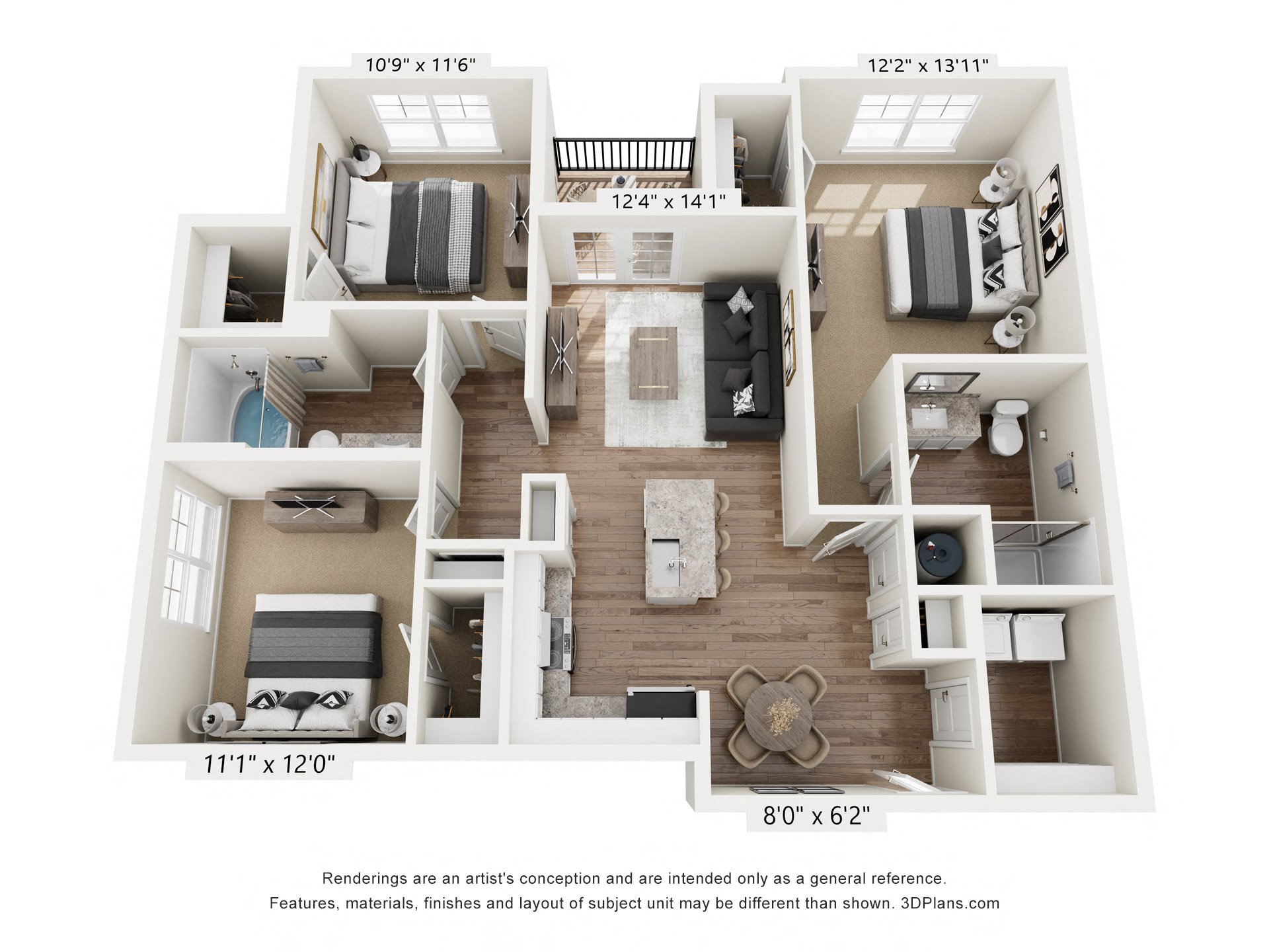 a floor plan of a 3 bedroom with 2 bathrooms and a living room